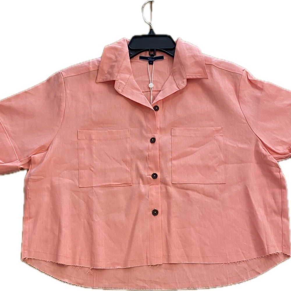 Shore Women’s Coral Button-Up Cropped Short Sleeve Shirt Linen Viscose NEW small